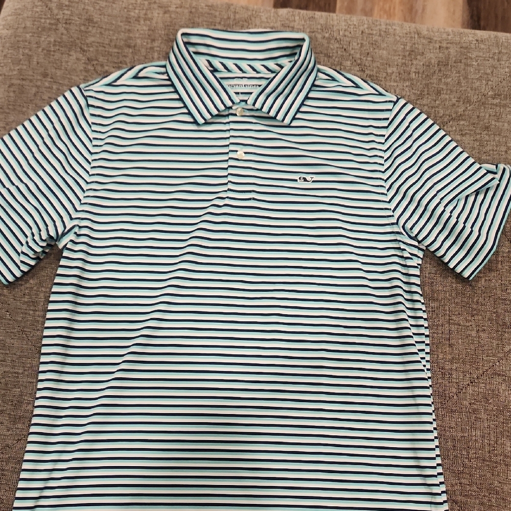 Vineyard Vines Boy's Aqua and Navy Striped Polo